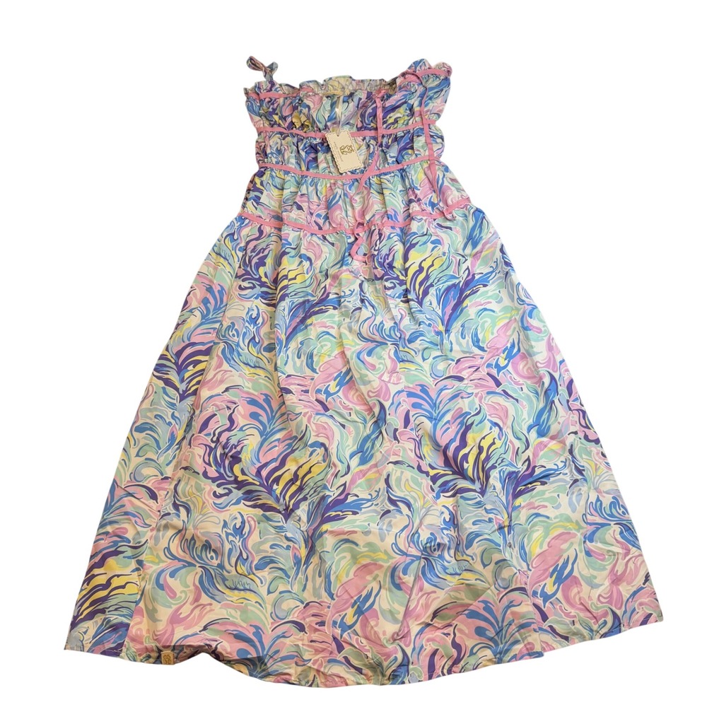 Simply Southern Watercolor Maxi Dress Large Pink Blue beach Ruffle vacation
